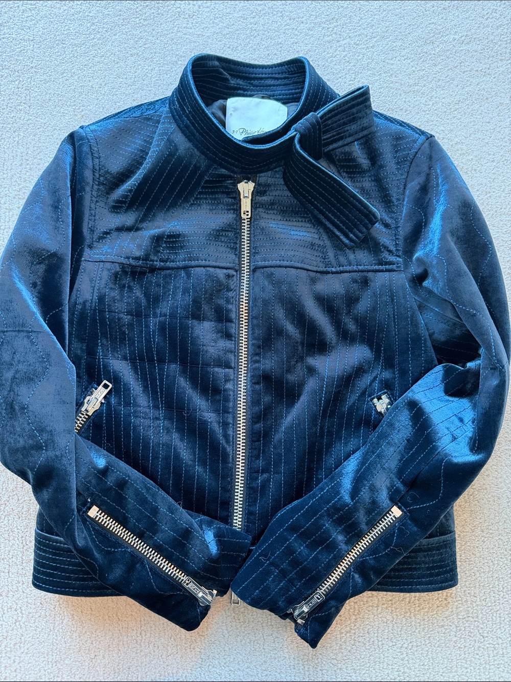 3.1 Phillip Lim Navy Velvet Quilted Zip Bomber Jacket with Silver Hardware